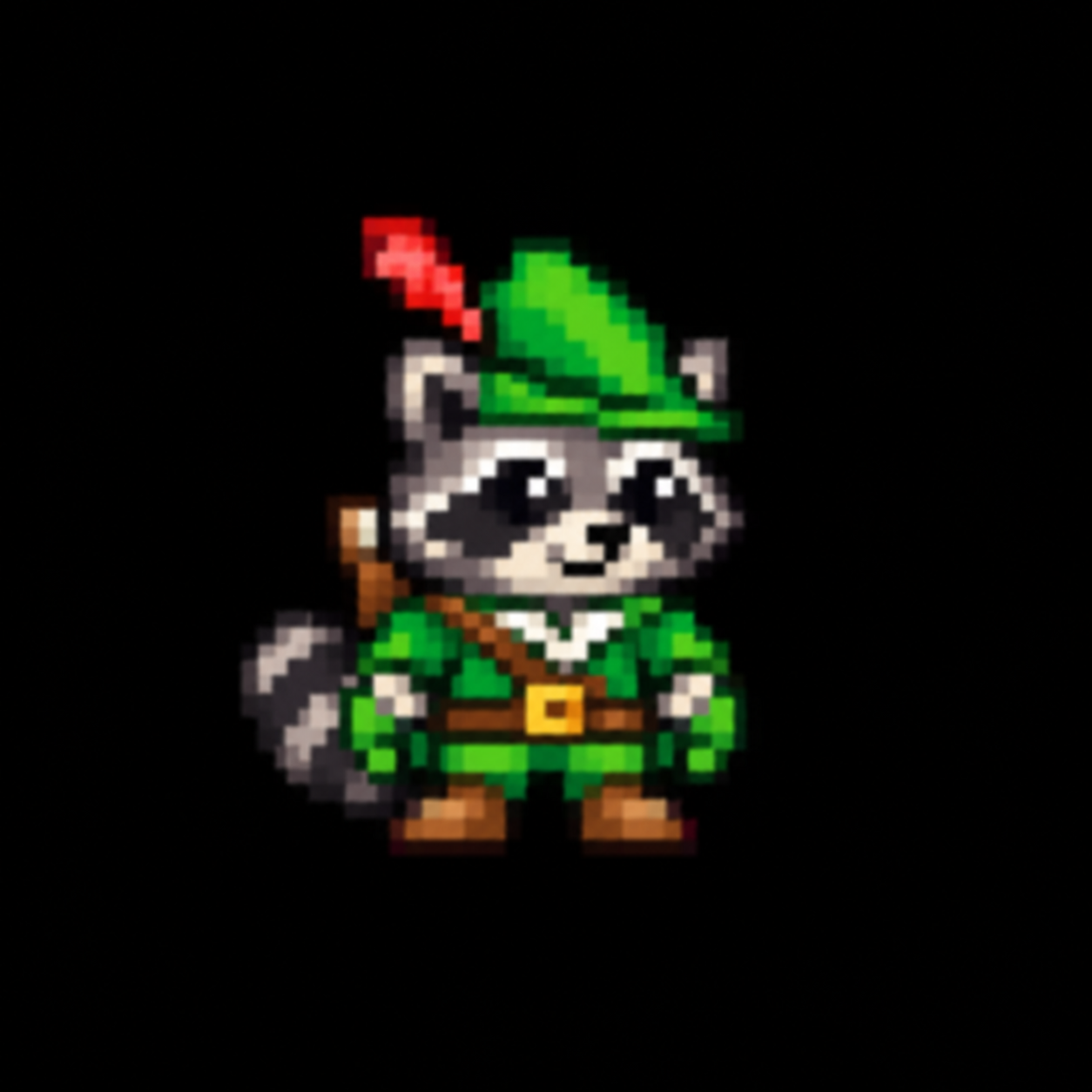 Pixel-art ROBINRACCON character in a green Robin Hood outfit